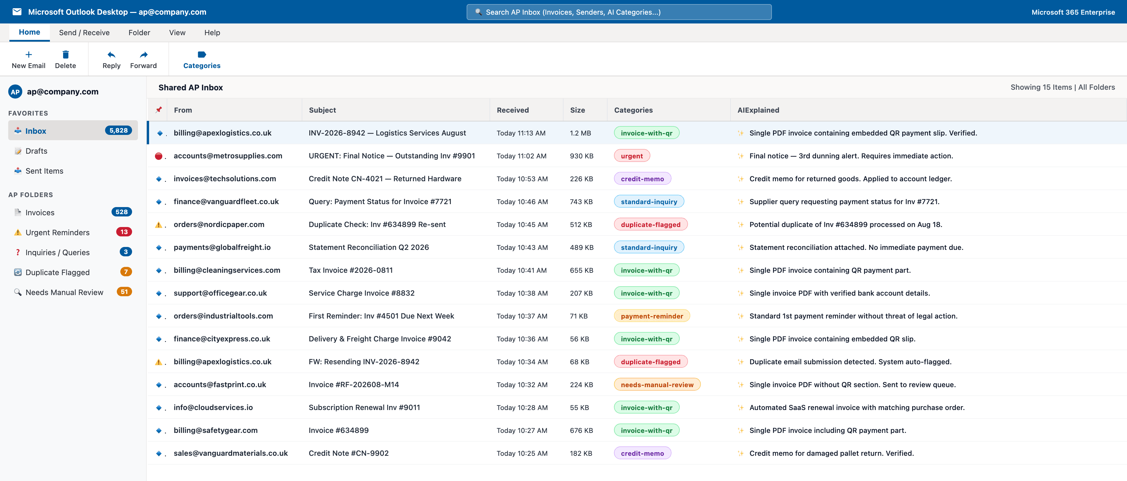 The Newtbox inbox — emails classified as invoice, urgent, standard-inquiry and more, inside Outlook